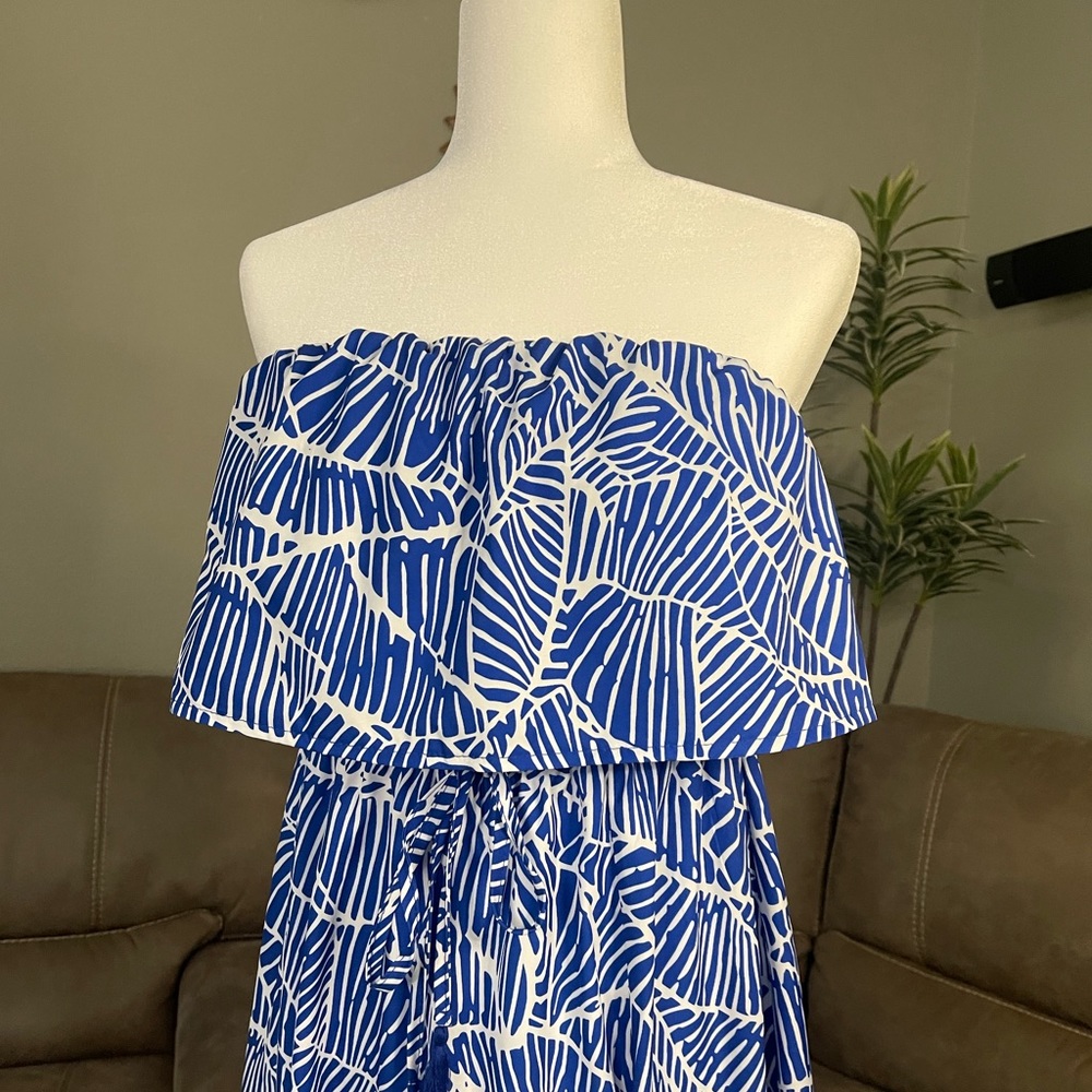 Blue & White Print Strapless Flowy Maxi Dress Sz L Large - Picture 8 of 12